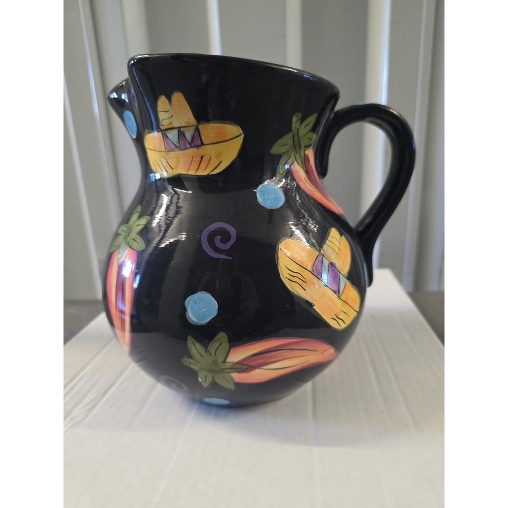 Noble Excellence Hand Painted Pepper And Sombrero Pitcher 8 inch tall